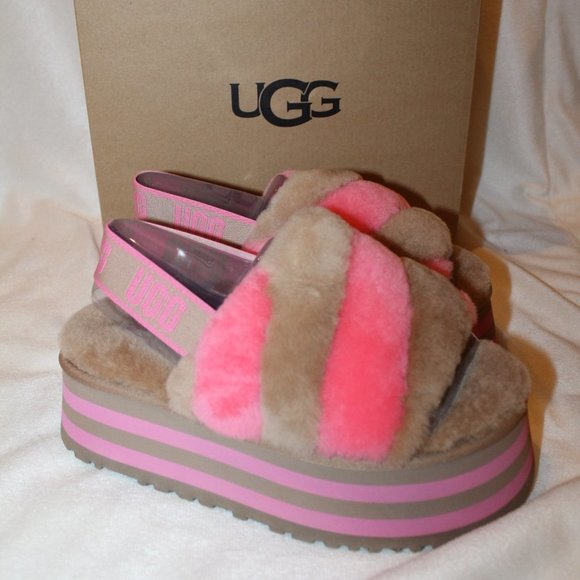 NIB UGG WOMEN'S DISCO WEDGE‎ SHEARLING SLIPPER SANDALS CHESTNUT PINK - Picture 1 of 9